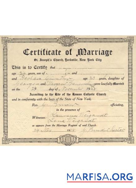 Realistic USA New York certificate of marriage real example